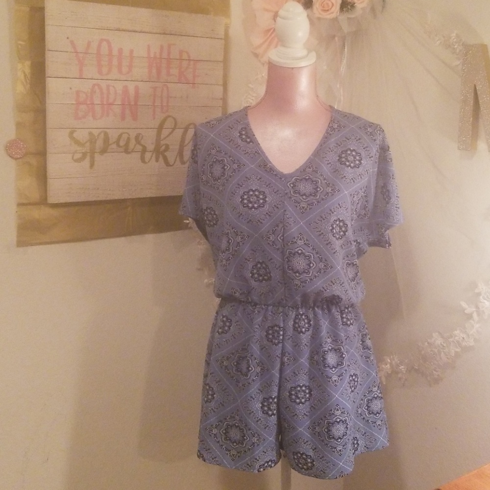 Blue Handkerchief Cold Shoulder Romper - Picture 3 of 7